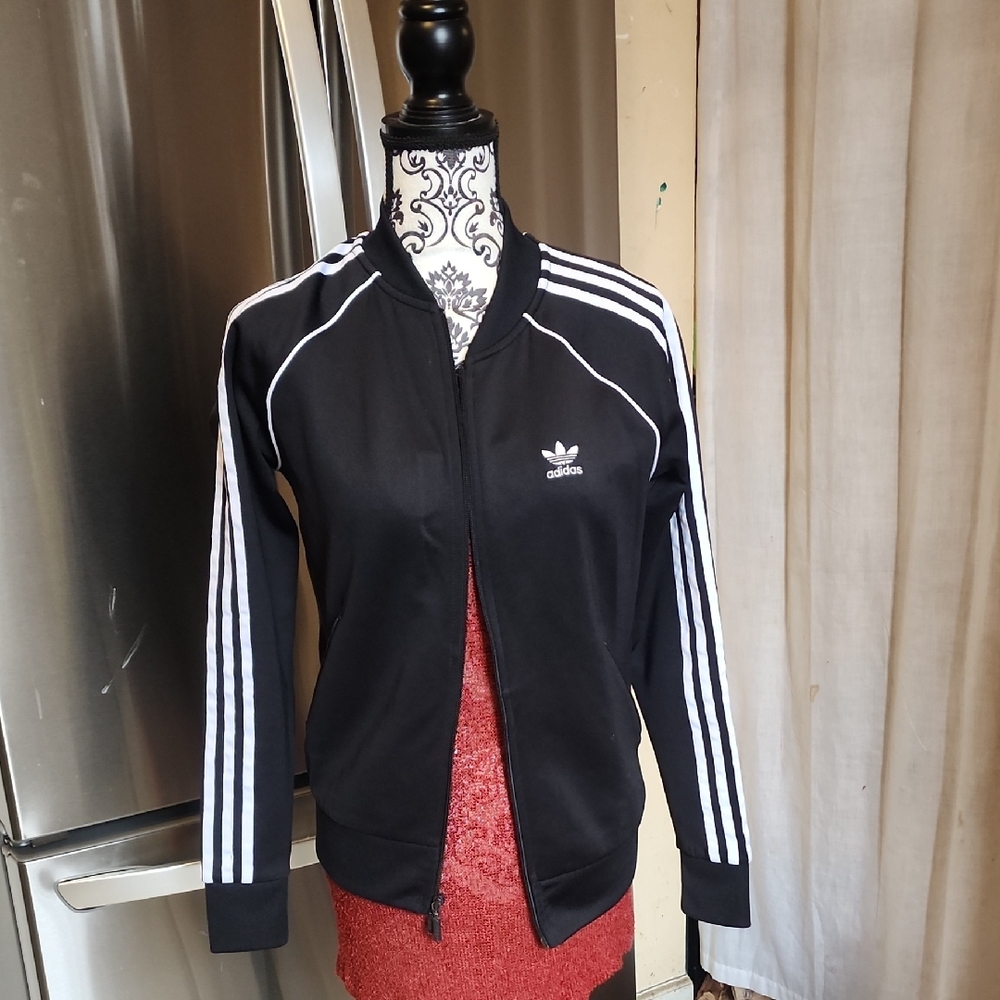 Adidas Women's Black Bomber Jacket with White Stripes Small Used